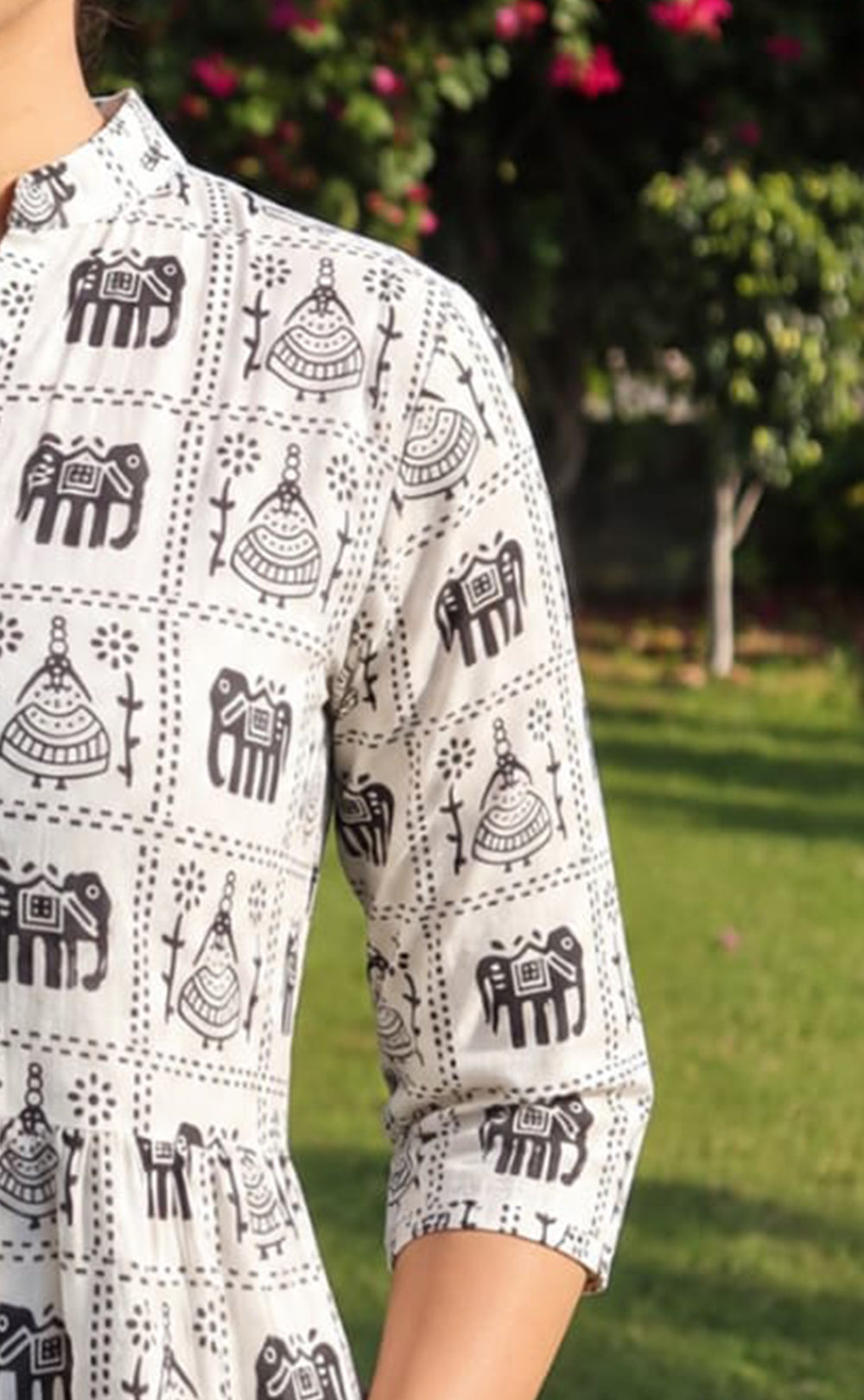 White Cotton All-Over Elephant And Geometric Printed Kurti Gown
