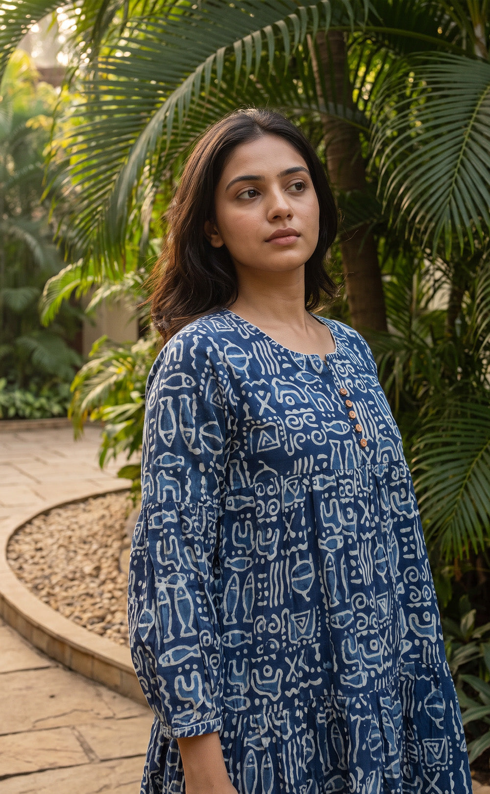 Indigo Blue Cotton Abstract Printed Long Flare Kurti