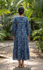 Indigo Blue Cotton Abstract Printed Long Flare Kurti
