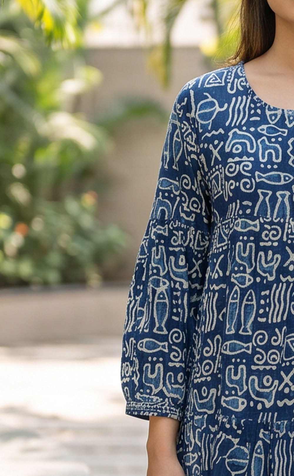 Indigo Blue Cotton Abstract Printed Long Flare Kurti