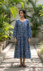 Indigo Blue Cotton Abstract Printed Long Flare Kurti