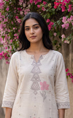 Half-White Cotton All-Over Floral And Small Buti Printed Straight Kurti
