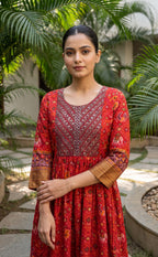 Marron Fancy Mirror Work With Ikkat Printed Kurti Gown