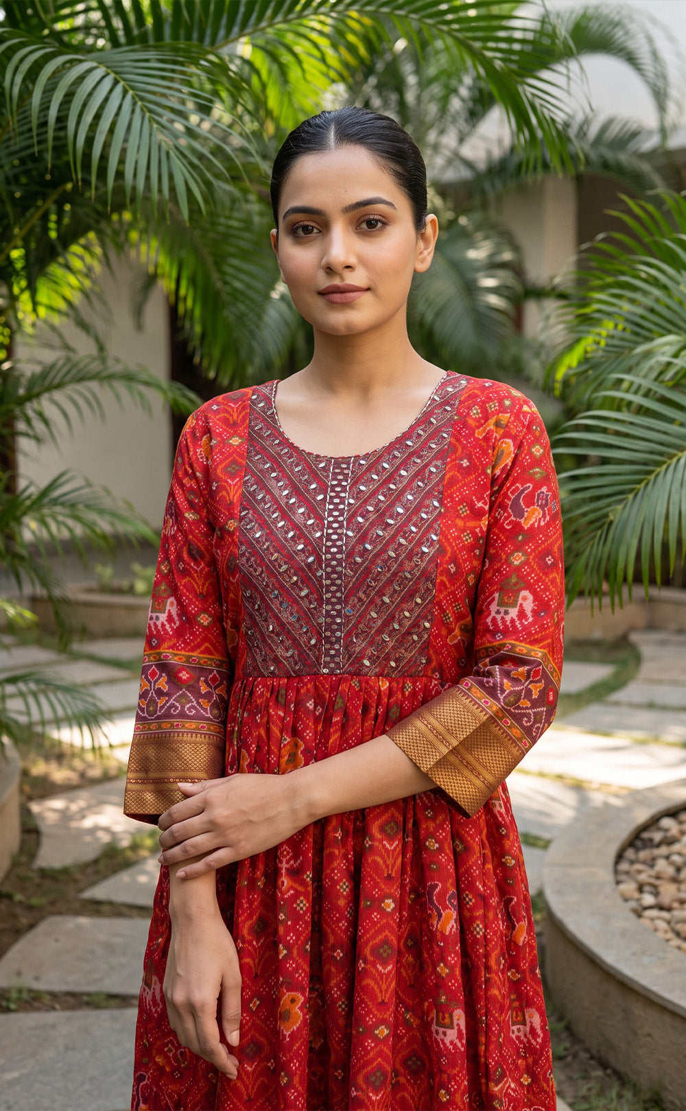 Marron Fancy Mirror Work With Ikkat Printed Kurti Gown