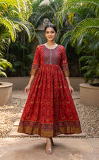 Marron Fancy Mirror Work With Ikkat Printed Kurti Gown