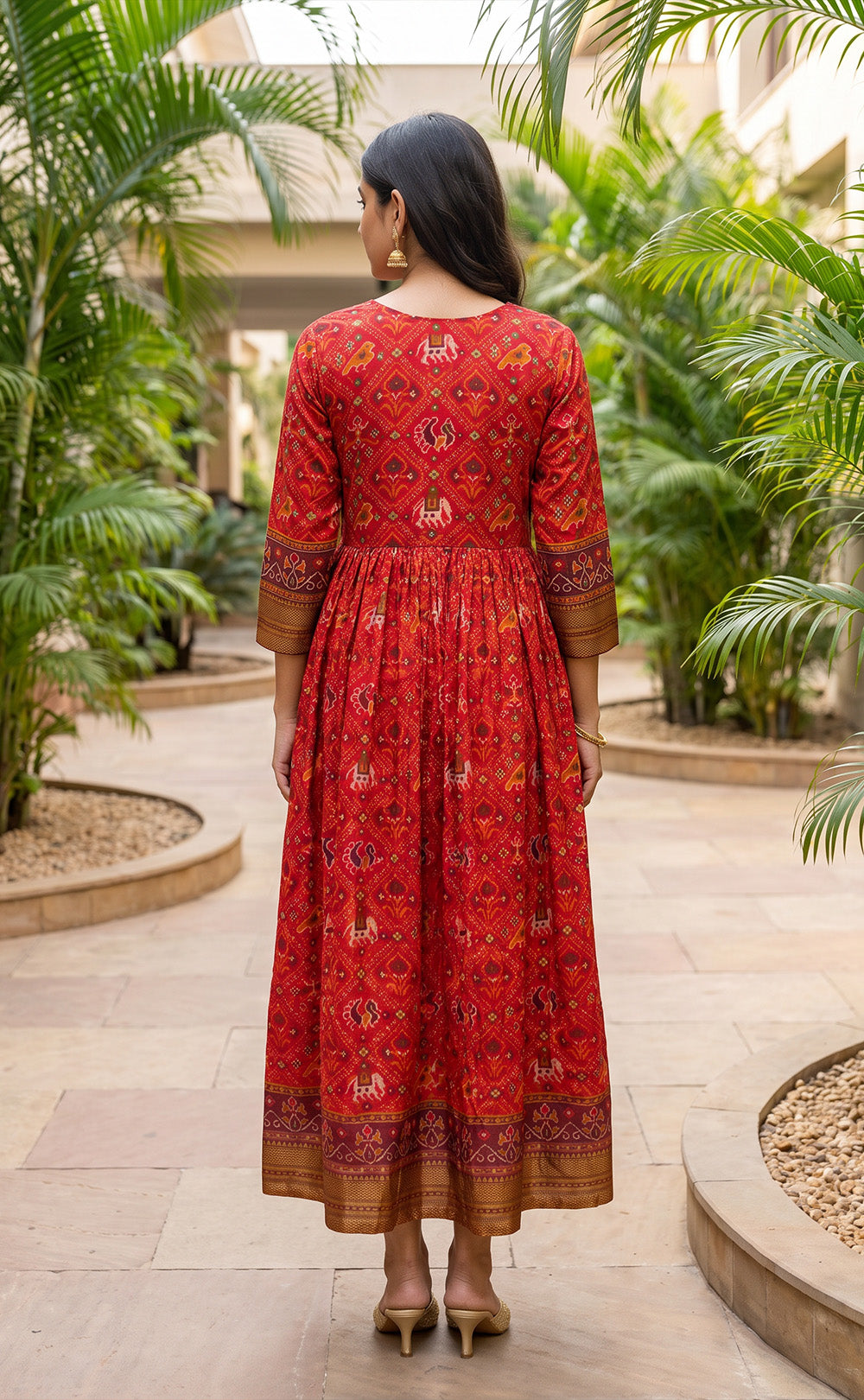 Marron Fancy Mirror Work With Ikkat Printed Kurti Gown
