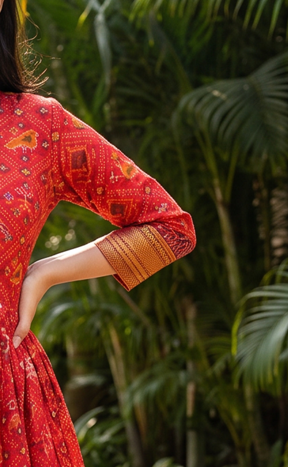 Marron Fancy Mirror Work With Ikkat Printed Kurti Gown