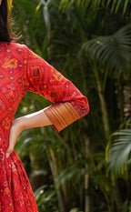 Marron Fancy Mirror Work With Ikkat Printed Kurti Gown