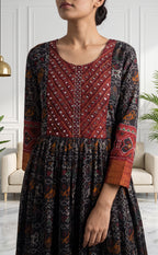 Black Fancy Mirror Work With Ikkat Printed Kurti Gown