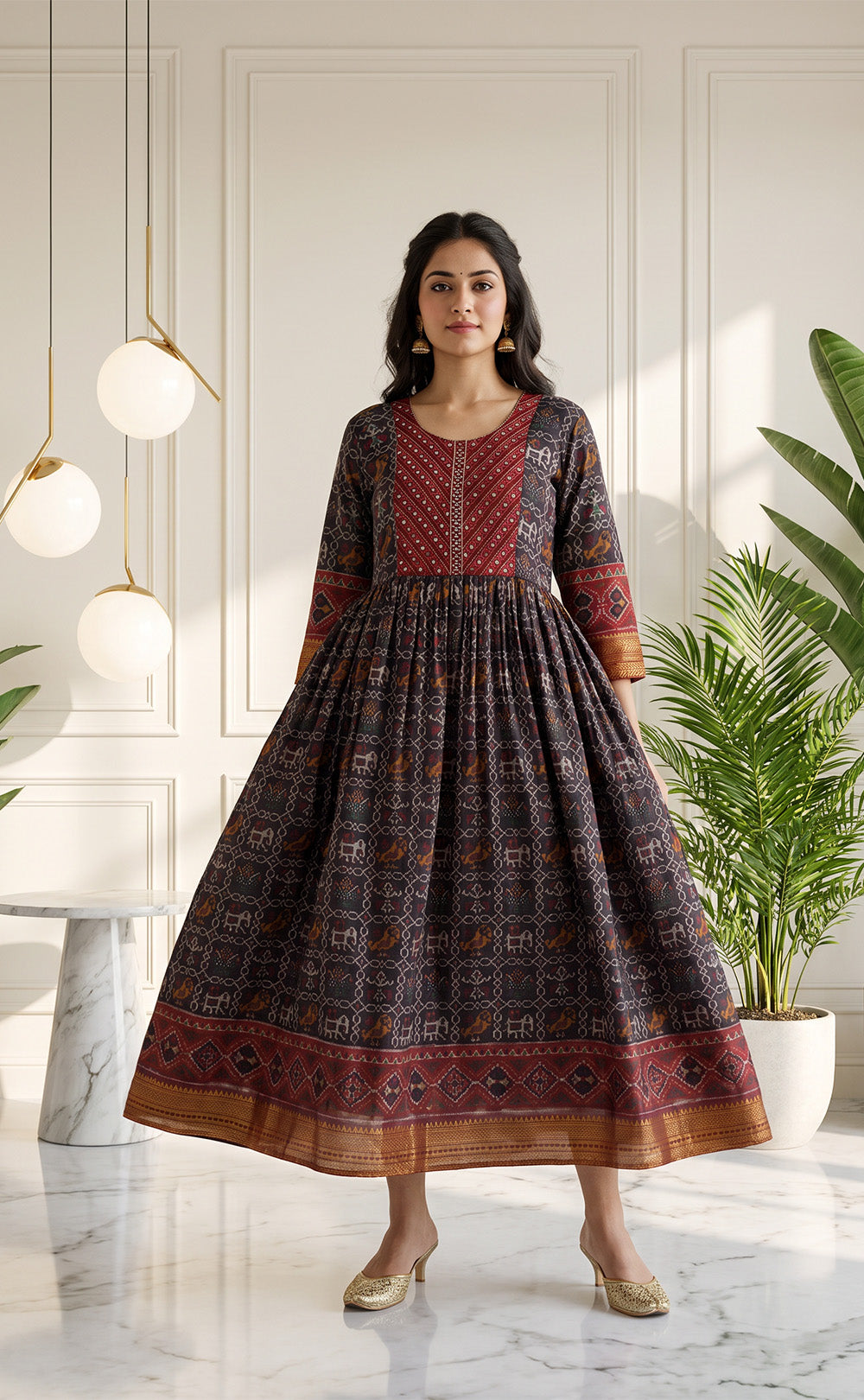 Black Fancy Mirror Work With Ikkat Printed Kurti Gown