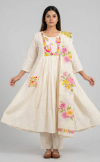 White Cotton Swan Thread Embroidery Kurti Set