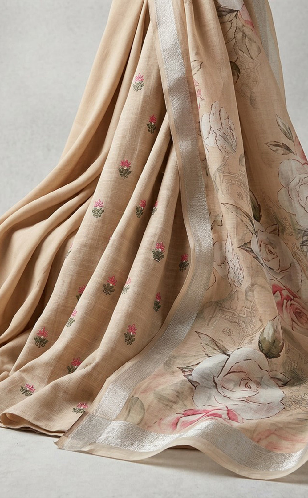 Cream Cotton All-Over Thread Buti Work Un-Sritched Dress Material