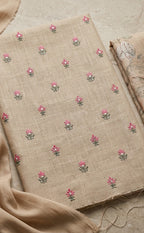 Cream Cotton All-Over Thread Buti Work Un-Sritched Dress Material