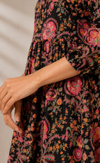 Black Cotton All-Over Floral Printed Kurti Set