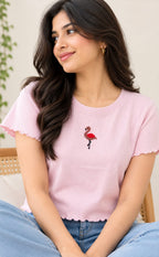 Baby Pink Lycra Swan Thread Embroidery T-Shirt