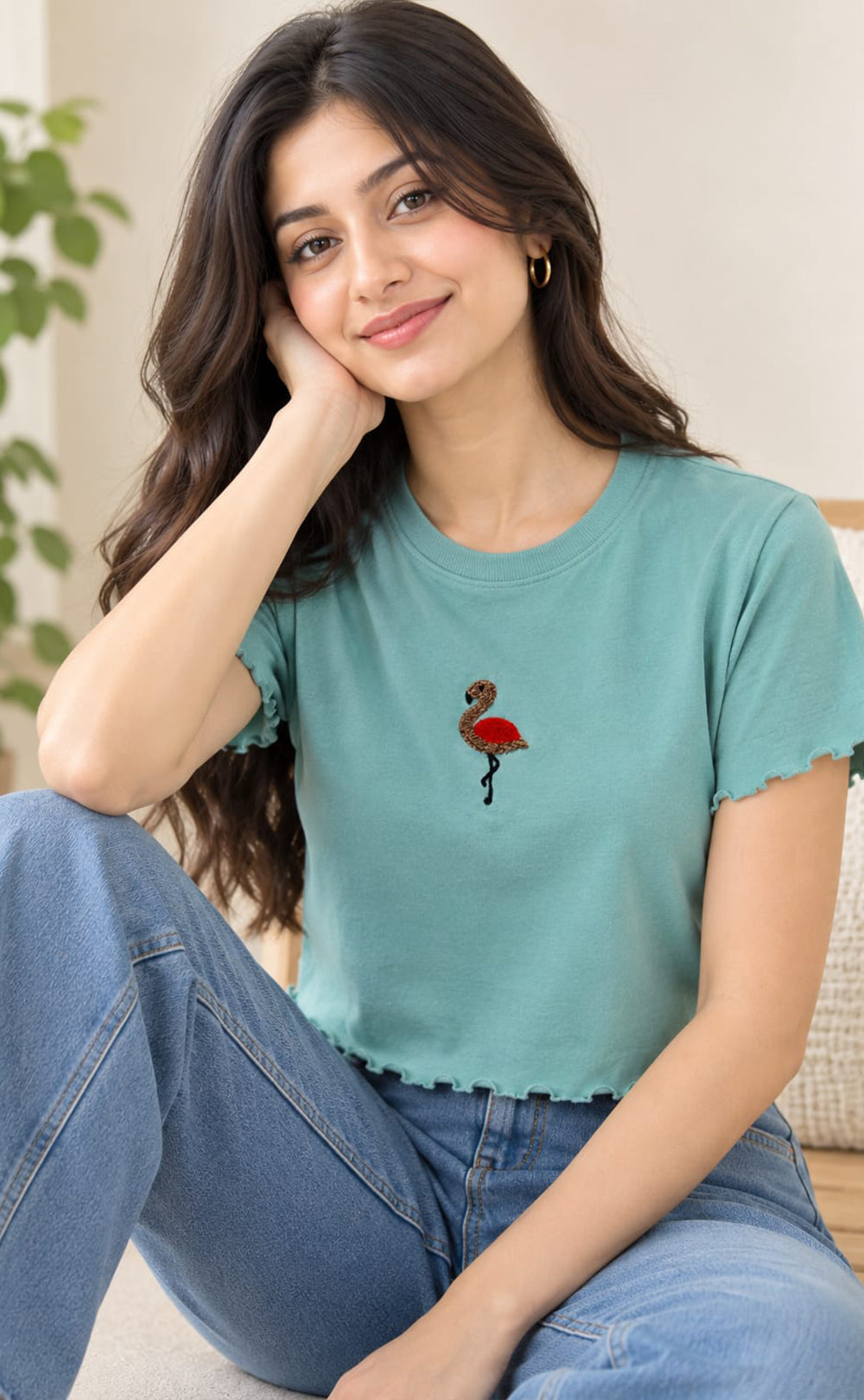 Teal Green Lycra Swan Thread Embroidery T-Shirt
