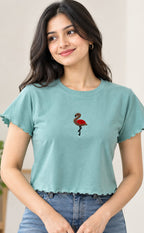 Teal Green Lycra Swan Thread Embroidery T-Shirt