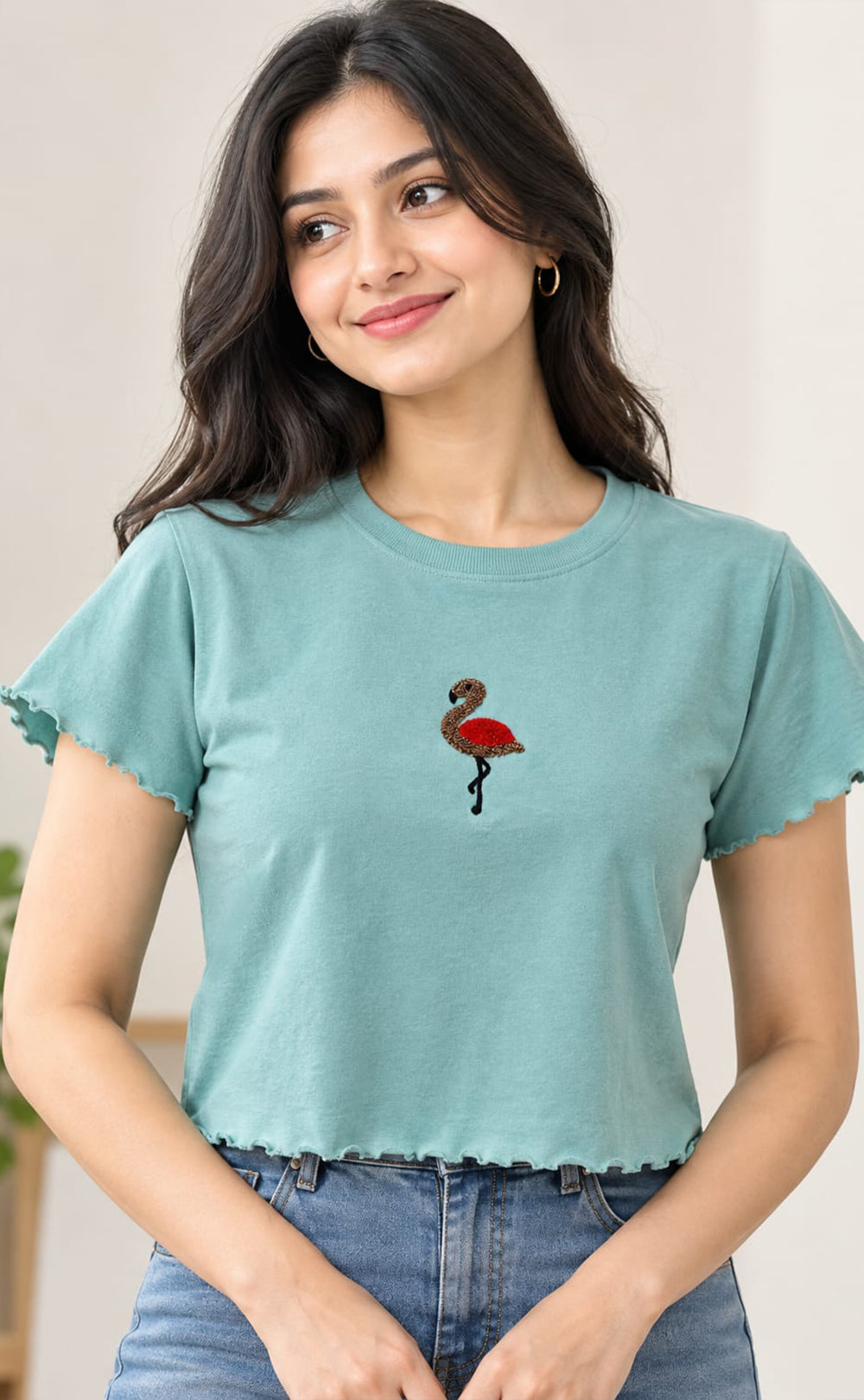 Teal Green Lycra Swan Thread Embroidery T-Shirt