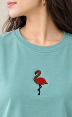 Teal Green Lycra Swan Thread Embroidery T-Shirt