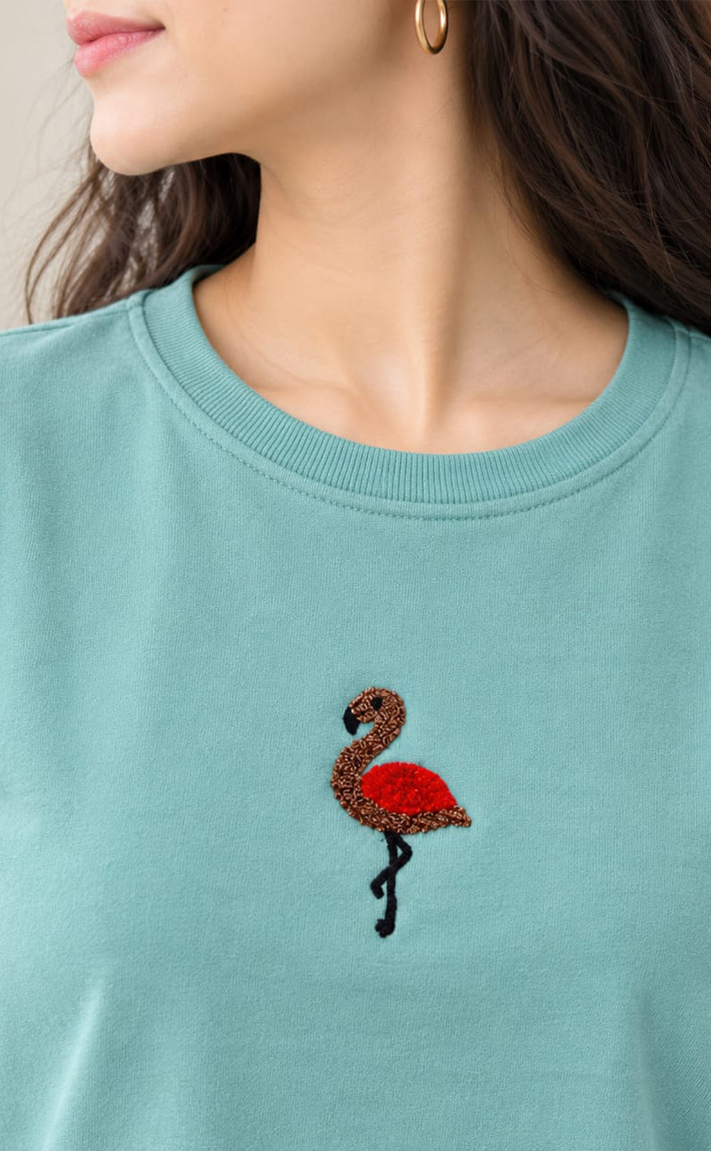 Teal Green Lycra Swan Thread Embroidery T-Shirt