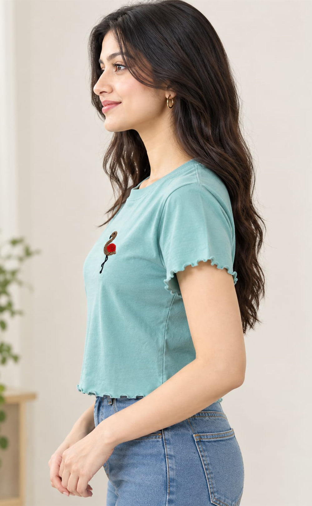 Teal Green Lycra Swan Thread Embroidery T-Shirt