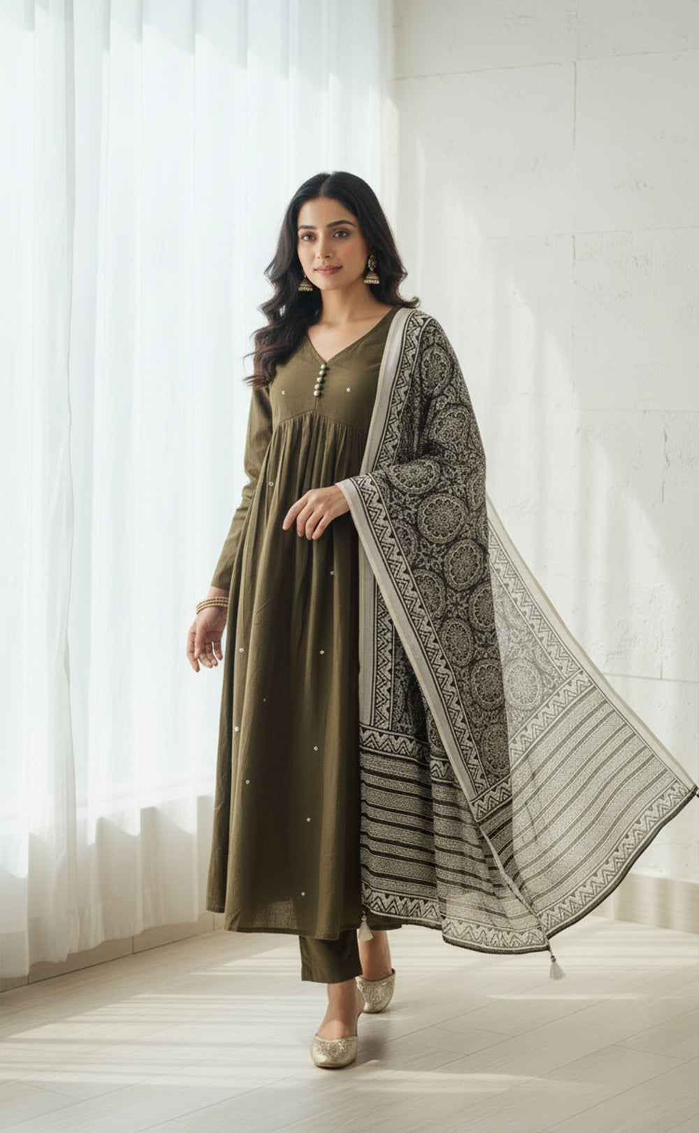 Beautiful Mehndi Green Alia cut Kurti Set with printed Dupatta