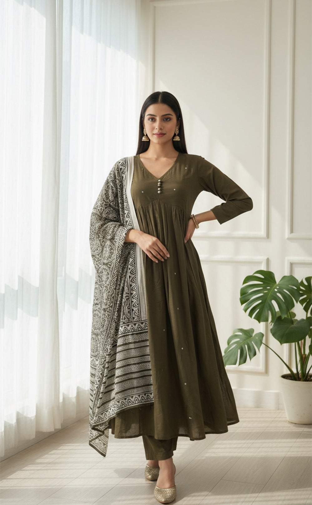 Beautiful Mehndi Green Alia cut Kurti Set with printed Dupatta