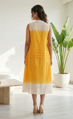 Yellow and White Pure Cotton Thread Embroidery Coat Pattern Indo Western