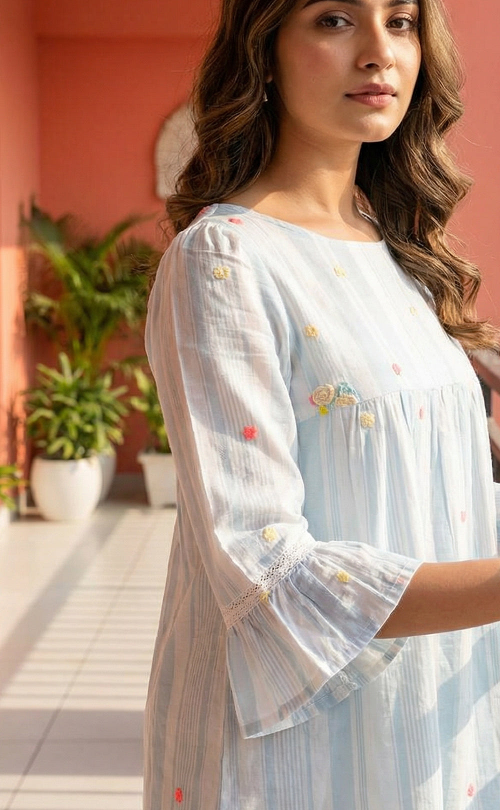 Pastel Blue Mul Cotton Thread Embroidery work Indo Western