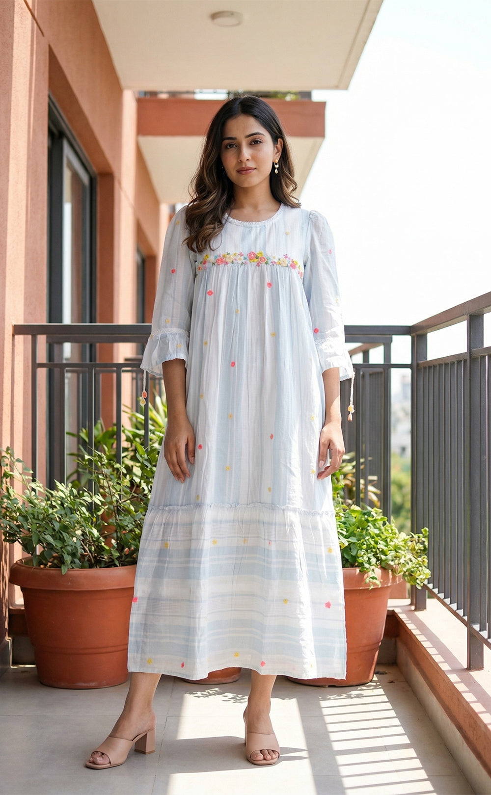 Pastel Blue Mul Cotton Thread Embroidery Work Indo Western