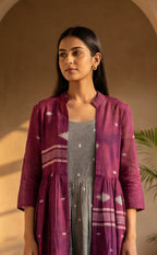 Deep Wine and Grey Cotton All-Over Ikat Print Indo Western