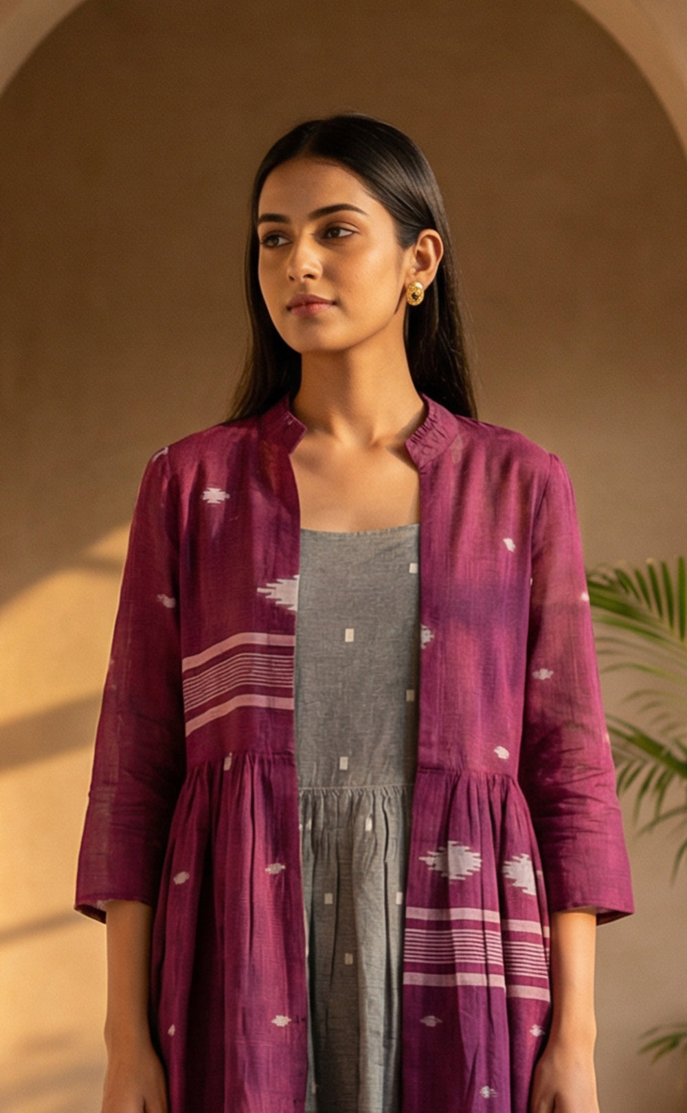 Deep Wine and Grey Cotton All-Over Ikat Print Indo Western