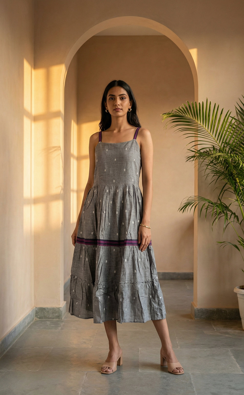 Deep Wine and Grey Cotton All-Over Ikat Print Indo Western