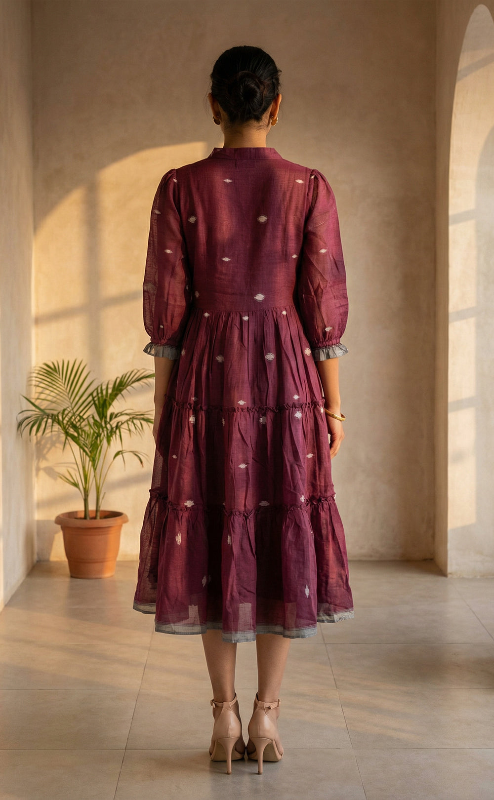 Deep Wine and Grey Cotton All-Over Ikat Print Indo Western