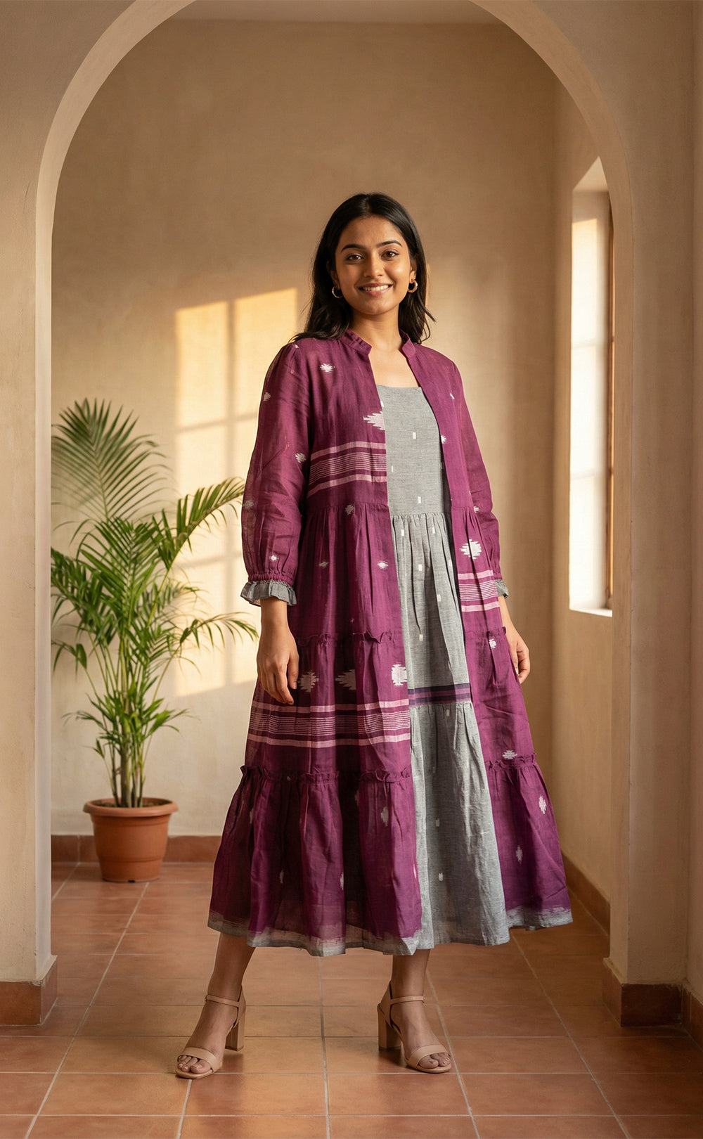 Deep Wine and Grey Cotton All-Over Ikat Print Indo Western