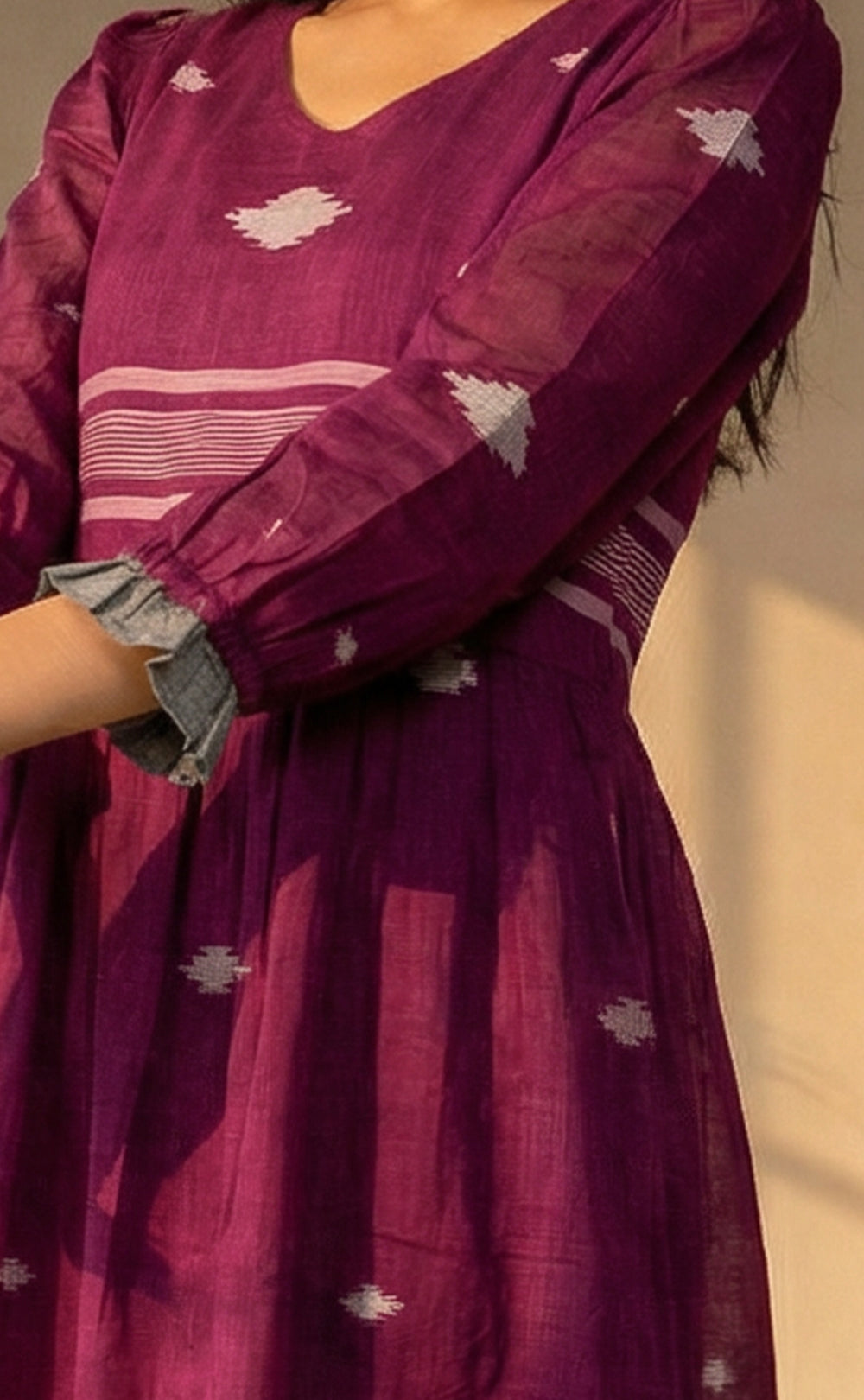 Deep Wine and Grey Cotton All-Over Ikat Print Indo Western