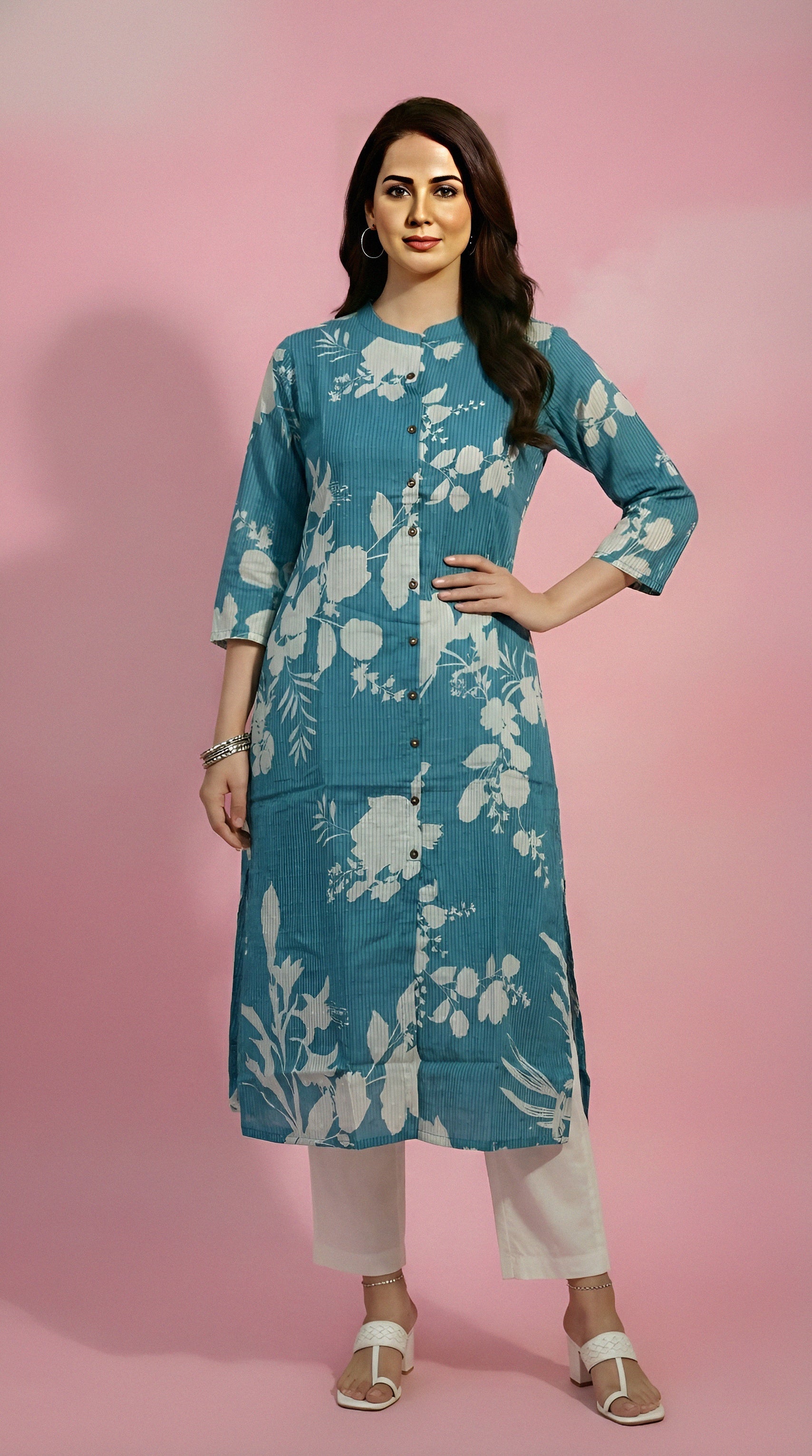 Floral blue Straight Kurti