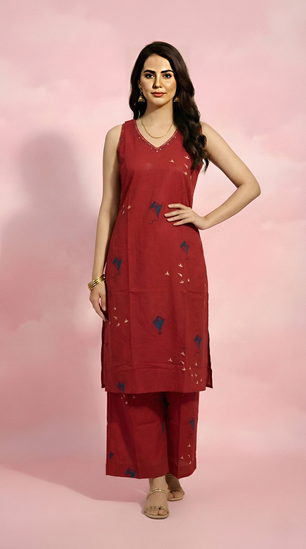 V-Neck Red Co-ord Set