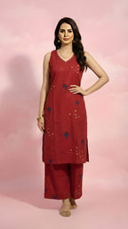 V-Neck Red Co-ord Set