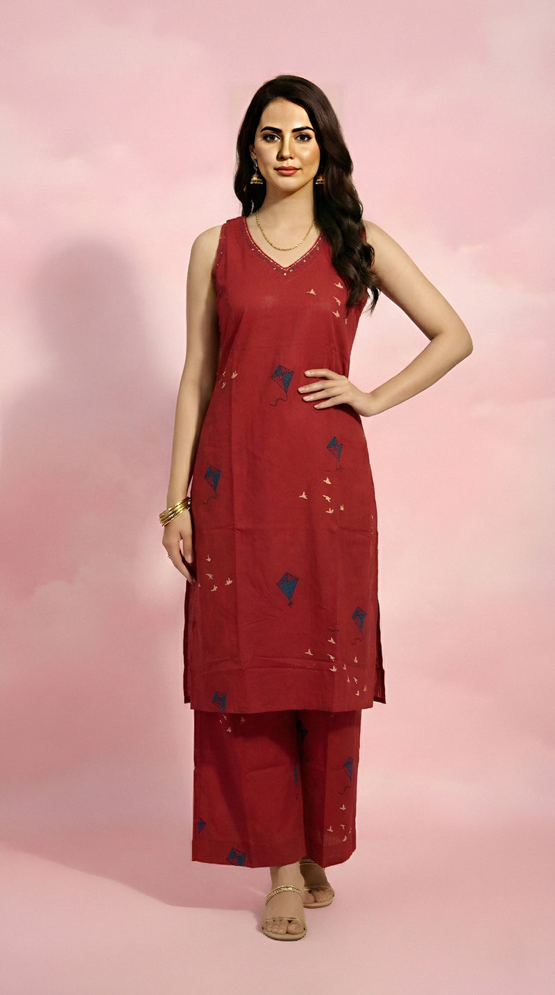 V-Neck Red Co-ord Set