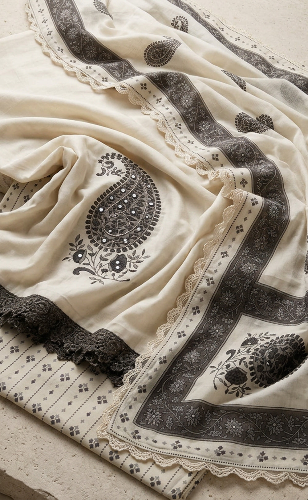 Cream Cotton Mango Printed Un-Stitched Dress Material