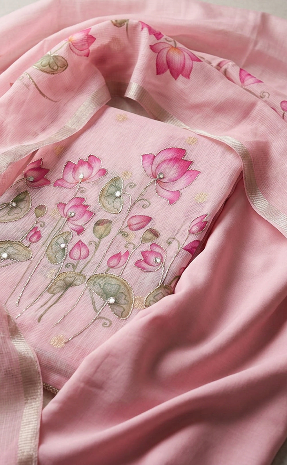 Baby Pink Kota Cotton Lotus Print Un-Stitched Dress Material