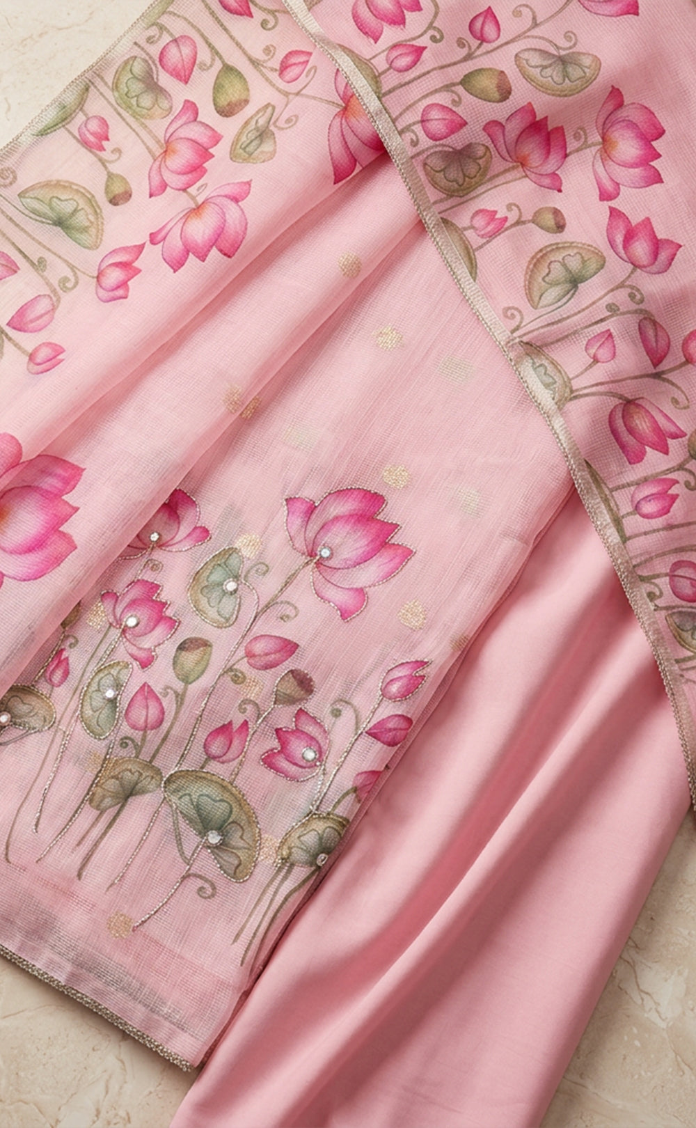 Baby Pink Kota Cotton Lotus Print Un-Stitched Dress Material