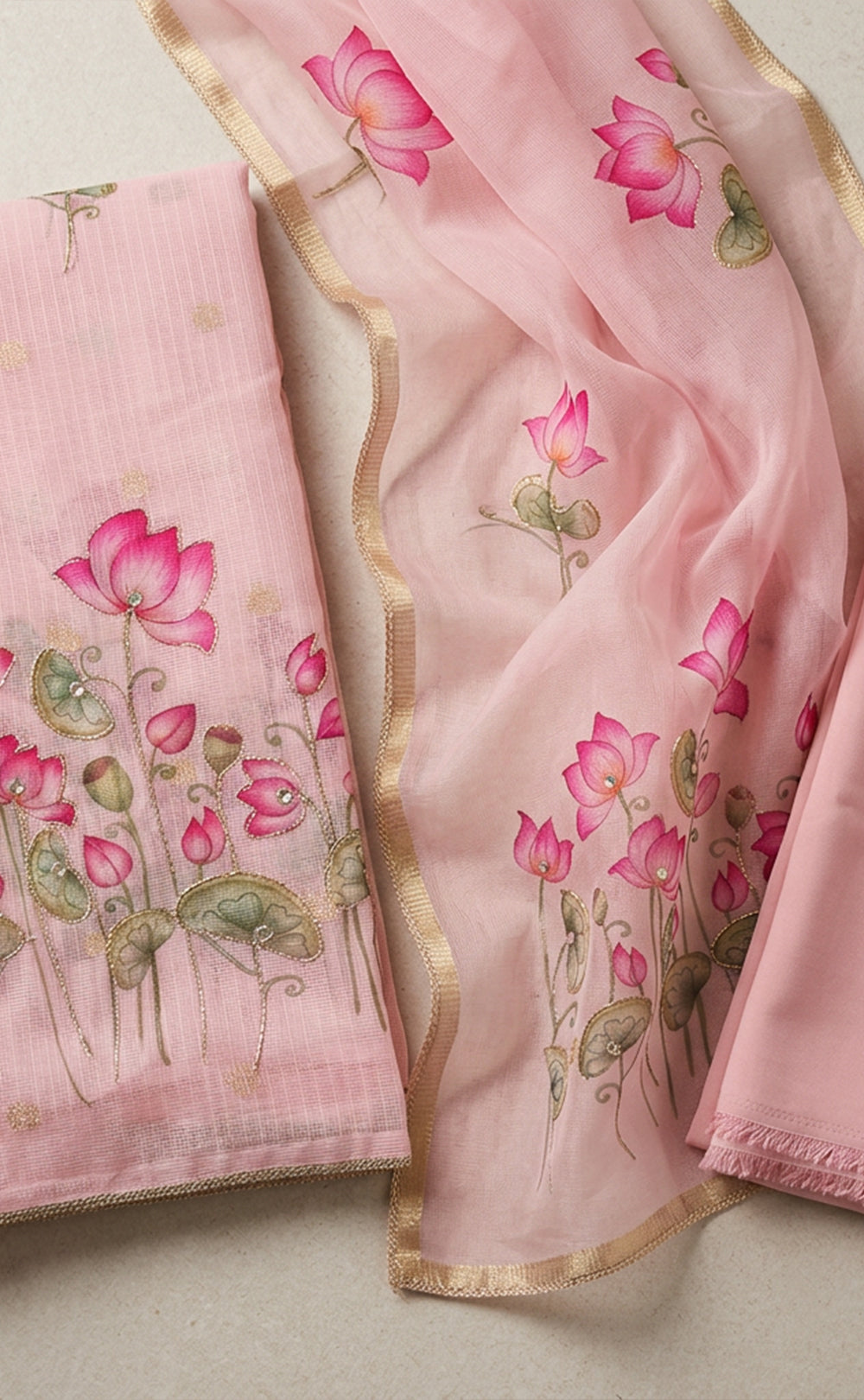 Baby Pink Kota Cotton Lotus Print Un-Stitched Dress Material