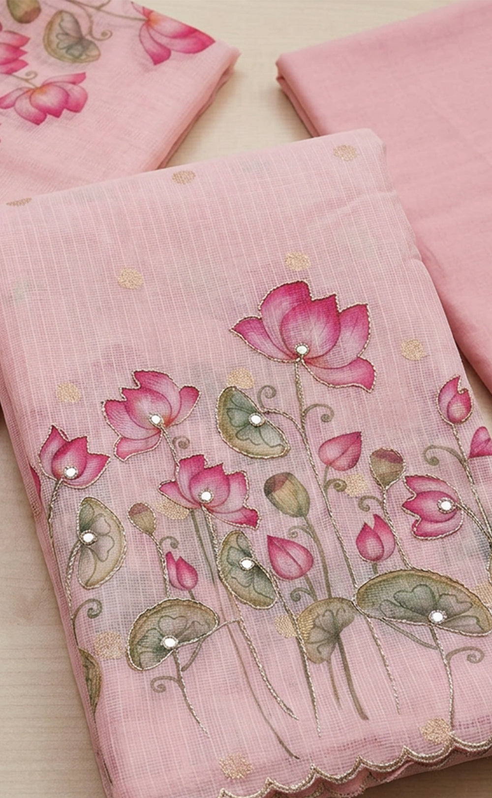 Baby Pink Kota Cotton Lotus Print Un-Stitched Dress Material