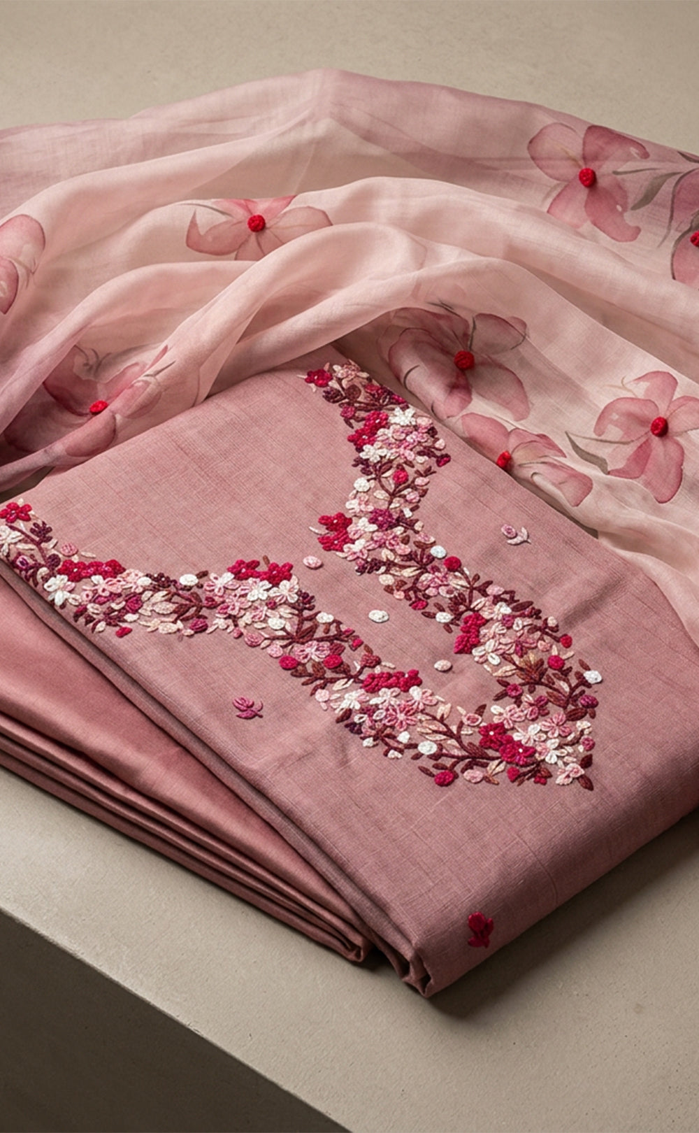 Peach Pink Fancy Thread Embroidery Un-Stitched Dress Material