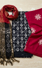 Maroon With Black Floral Printed Un-Stitched Dress Material