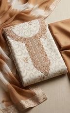 Half-White With Cream Cotton Thread Embroidery Un-Stitched Dress Material