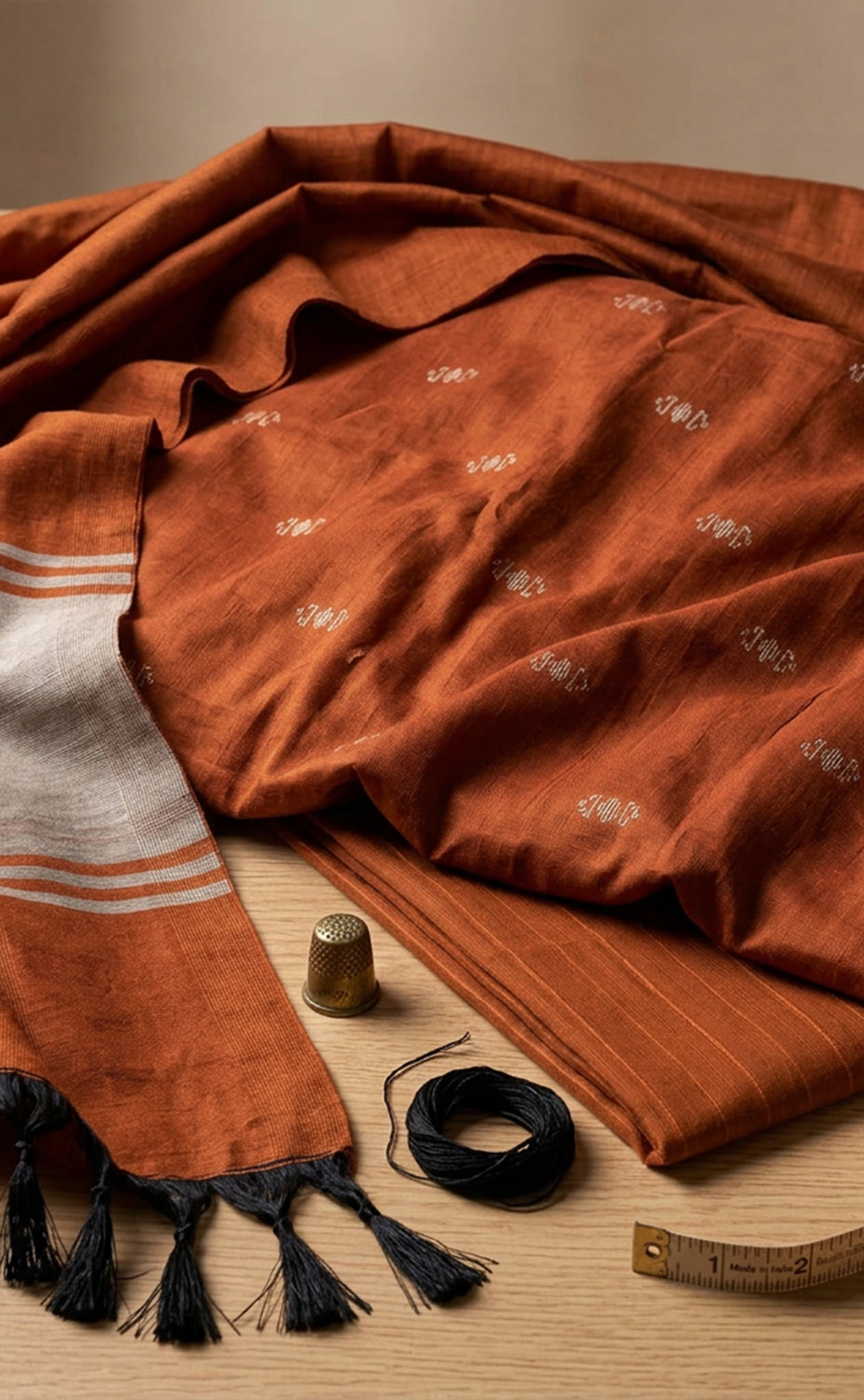 Rust Orange Fancy Ikkat Buti Work Un-Stitched Dress Material