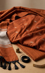 Rust Orange Fancy Ikkat Buti Work Un-Stitched Dress Material